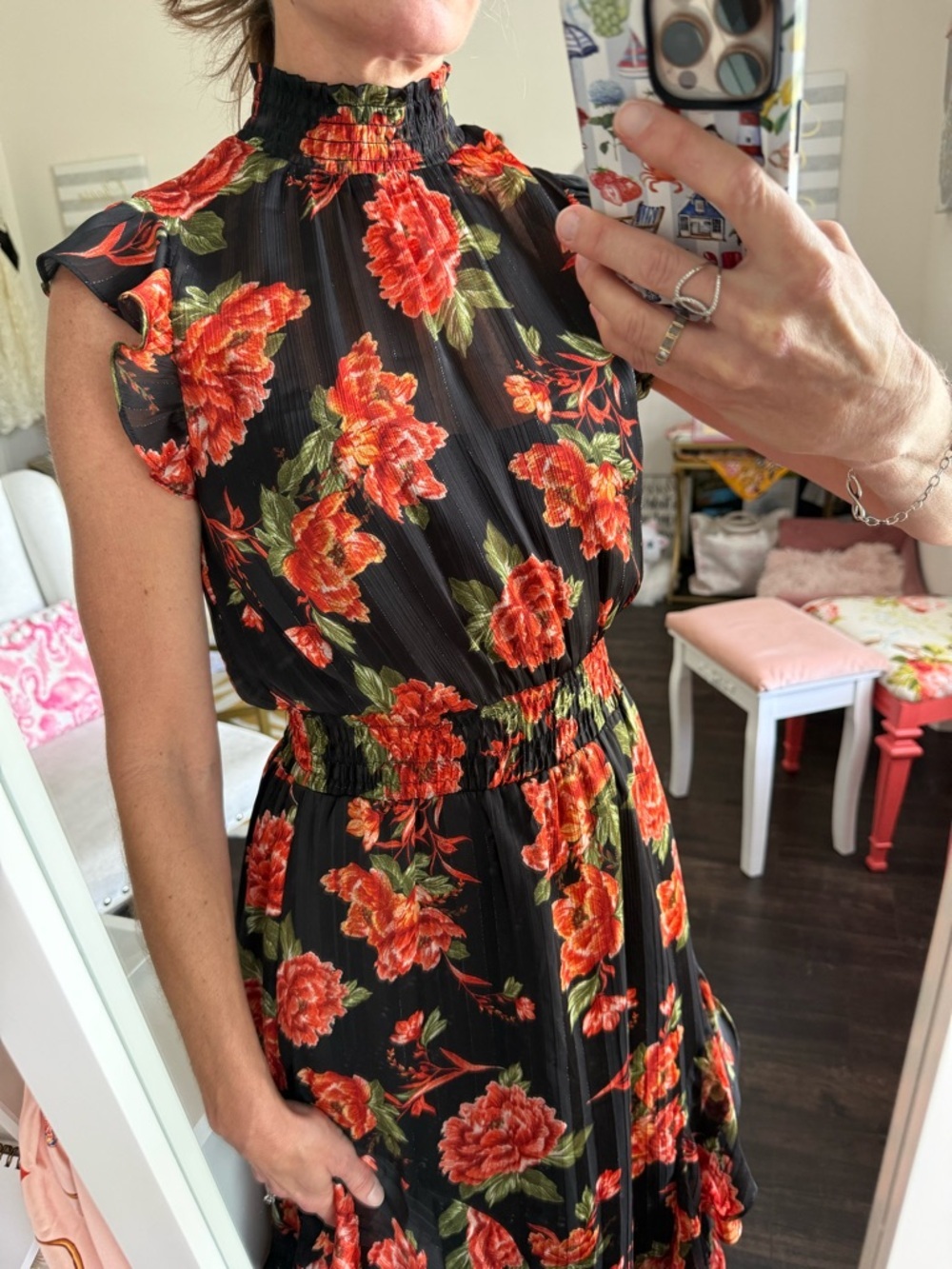 Black Floral Maxi Dress Smocked Waist Ruffle Romantic Wedding Guest Sz 0 - Picture 3 of 10